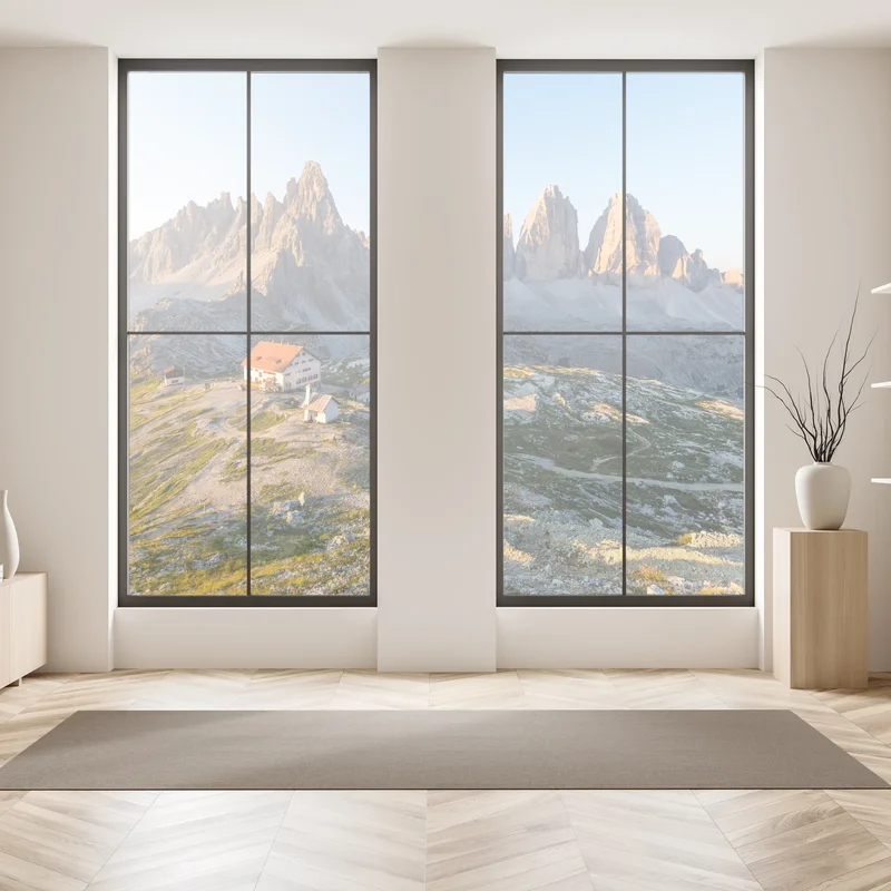 Fensteraufkleber sonnenbeschienene berghütte und alpine gipfel