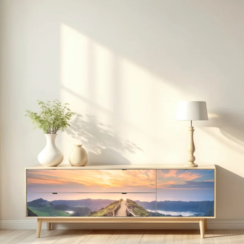 Repositionierbarer Aufkleber sonnenuntergangspfad auf berggrat über see und tal