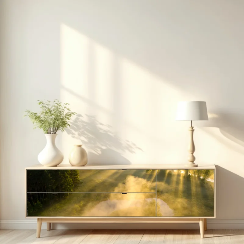 Repositionierbarer Aufkleber goldener morgen über nebligem fluss