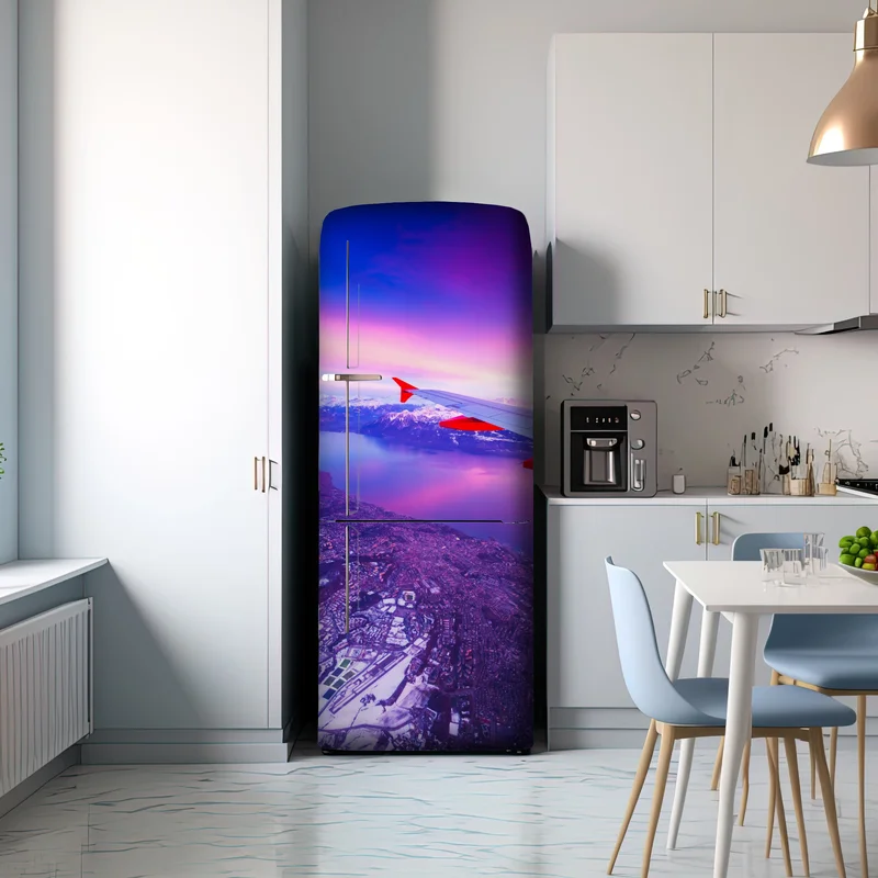 Kühlschrankaufkleber luftaufnahme einer stadt am see bei sonnenuntergang