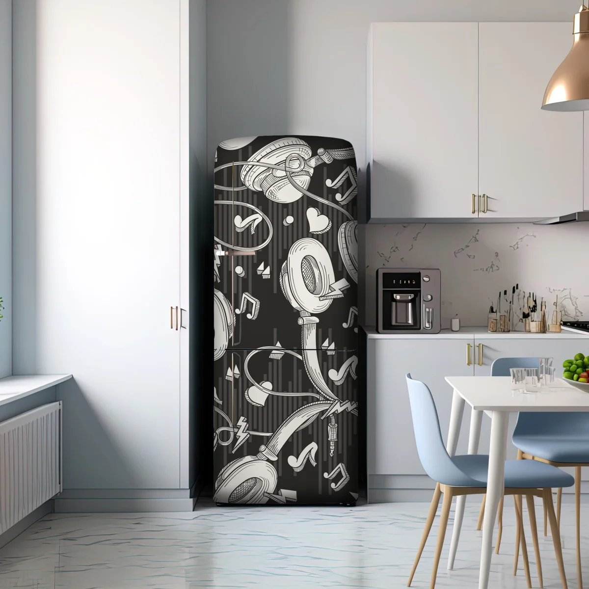 Kühlschrankaufkleber monochromatisches muster mit kopfhörern und noten Kühlschrankaufkleber monochromatisches muster mit kopfhörern und noten