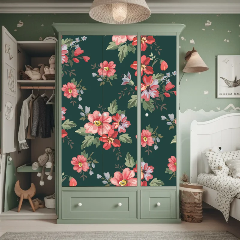 Schrankaufkleber vintage rosa blumenmuster auf tiefgrün