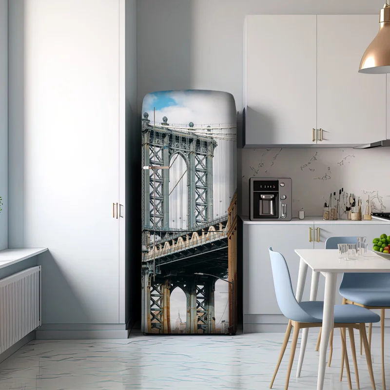 Kühlschrankaufkleber Brooklyn brücke eingerahmt von backsteingebäuden