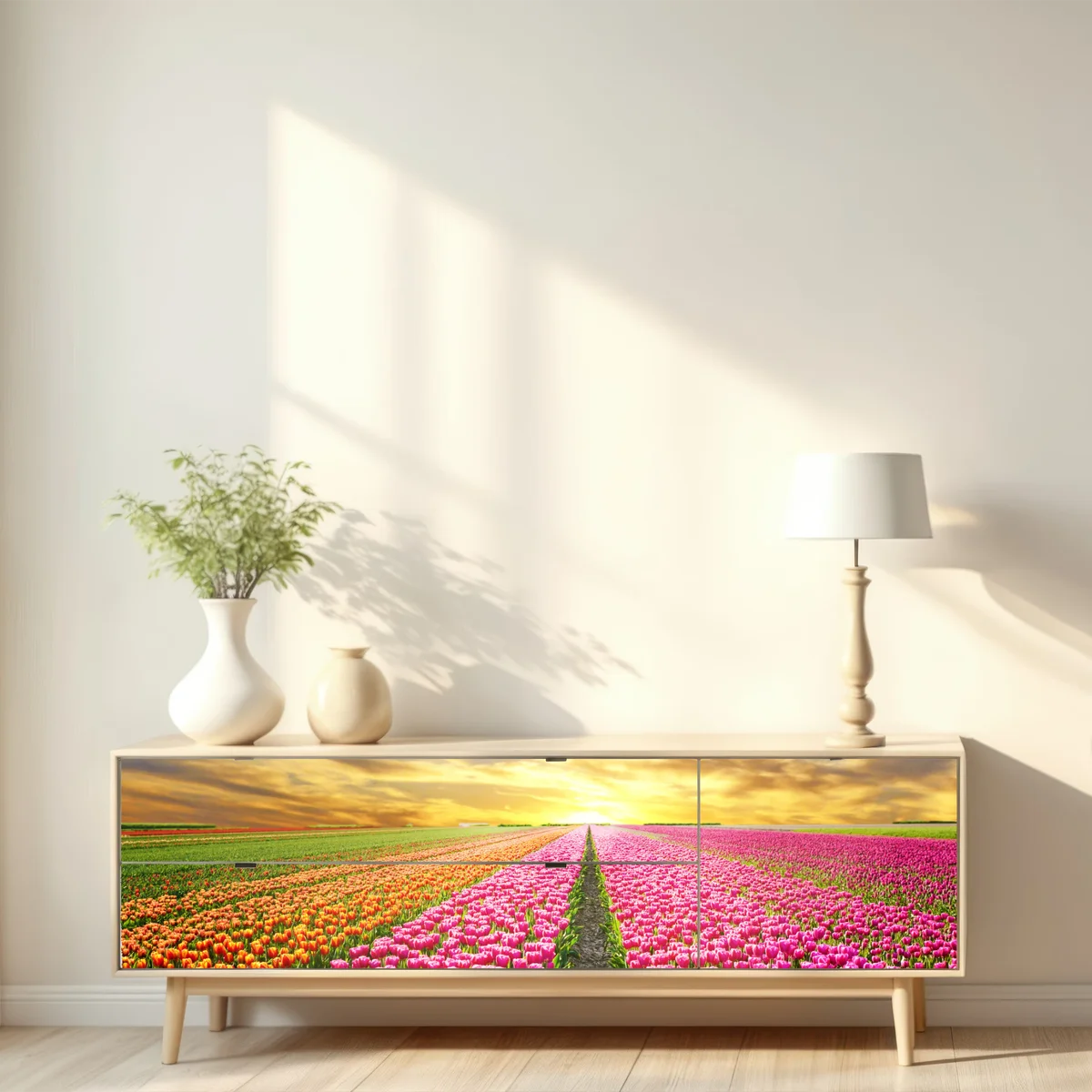 Repositionierbarer Aufkleber sonnenaufgang über tulpenfeldern in den Niederlanden Repositionierbarer Aufkleber sonnenaufgang über tulpenfeldern in den Niederlanden