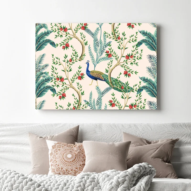 Leinwandbild pfau zwischen granatästen Leinwandbild pfau zwischen granatästen