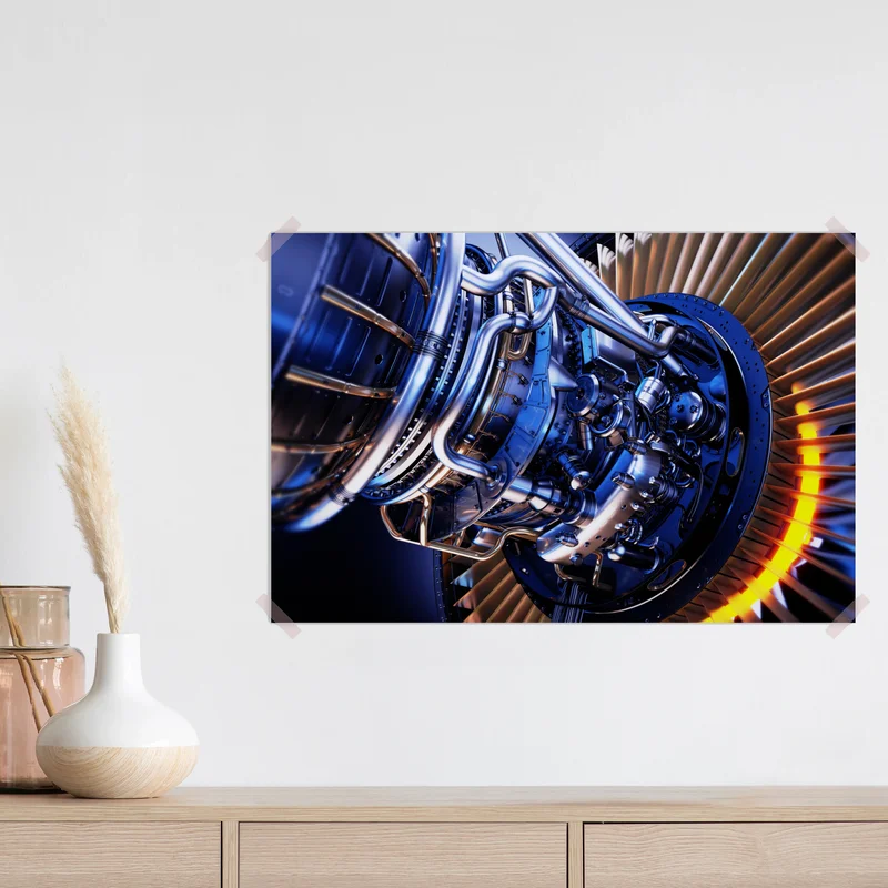 Poster nahaufnahme einer turbinenanlage in blau und orange Poster nahaufnahme einer turbinenanlage in blau und orange