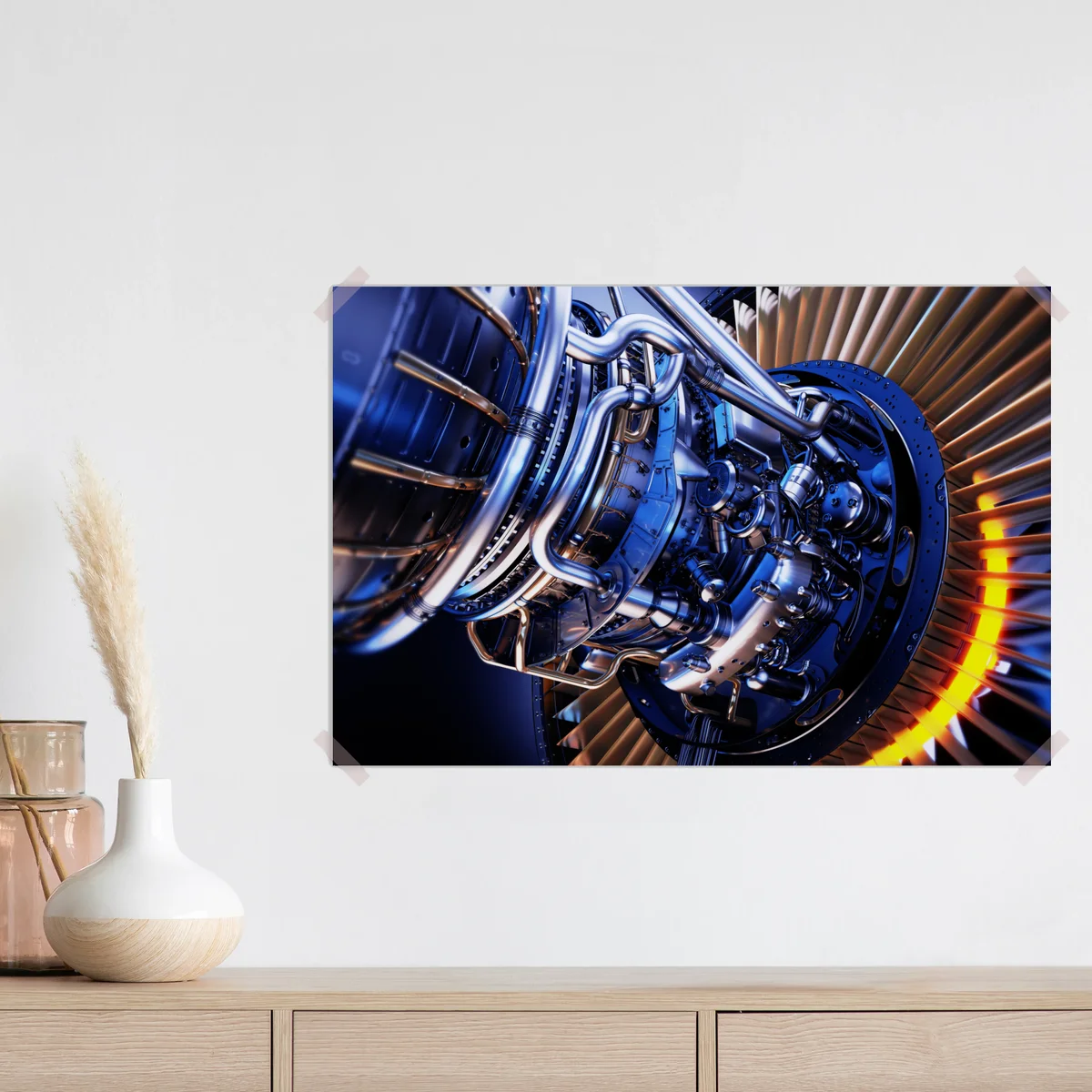 Poster nahaufnahme einer turbinenanlage in blau und orange Poster nahaufnahme einer turbinenanlage in blau und orange