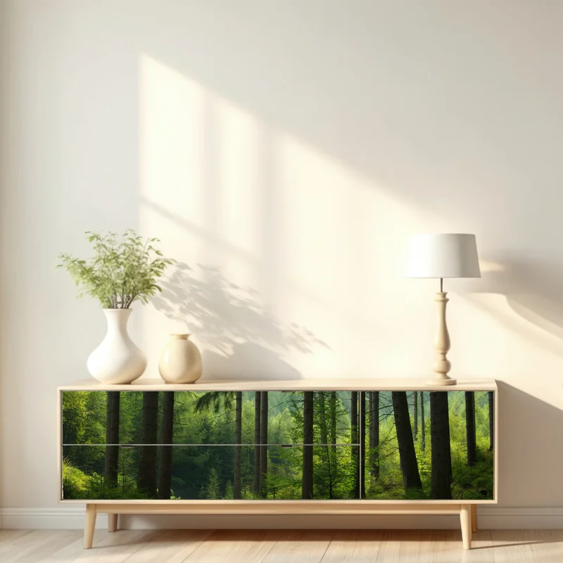 Repositionierbarer Aufkleber ruhiger waldpfad