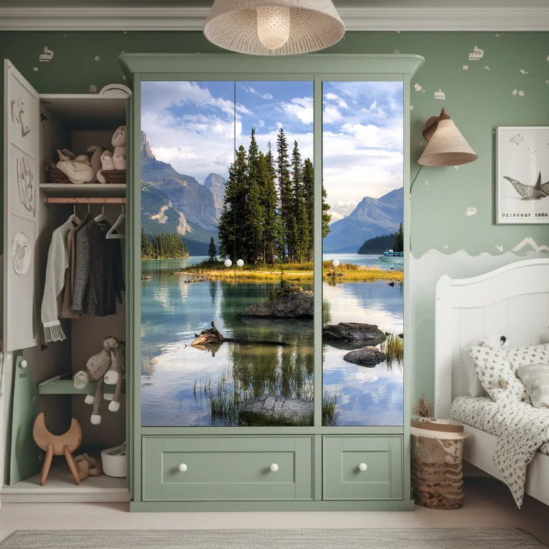 Schrankaufkleber ruhiger alpensee mit insel und bergen