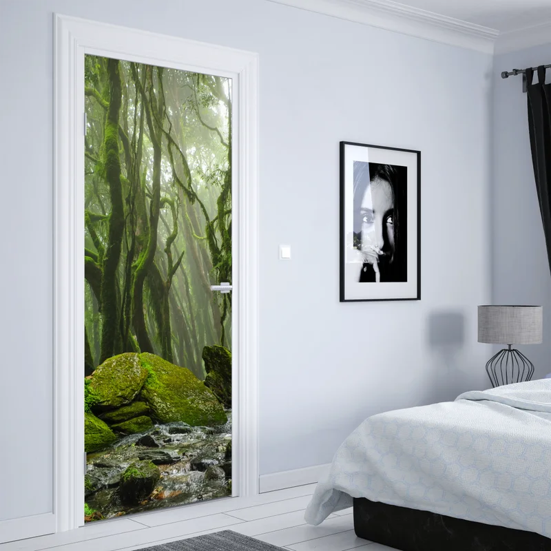 Türaufkleber moosiger wald mit bach im nebel Türaufkleber moosiger wald mit bach im nebel