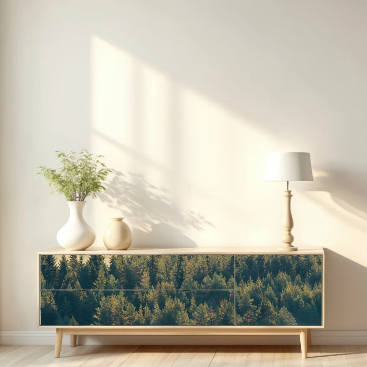 Repositionierbarer Aufkleber nebliger kiefernwald im morgenlicht Repositionierbarer Aufkleber nebliger kiefernwald im morgenlicht