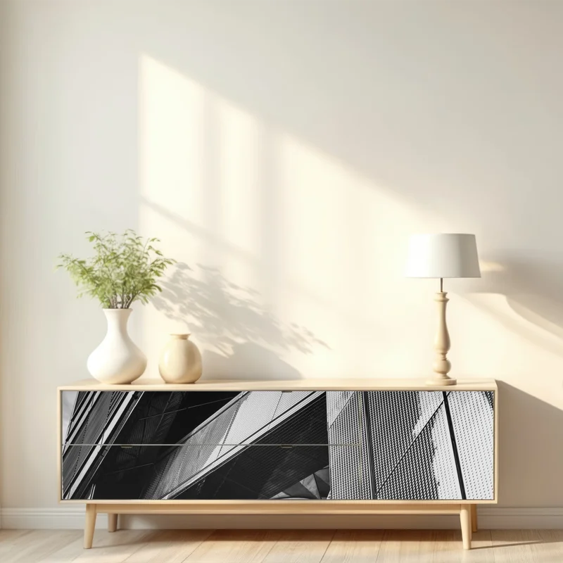 Repositionierbarer Aufkleber geometrische moderne fassade in schwarzweiß