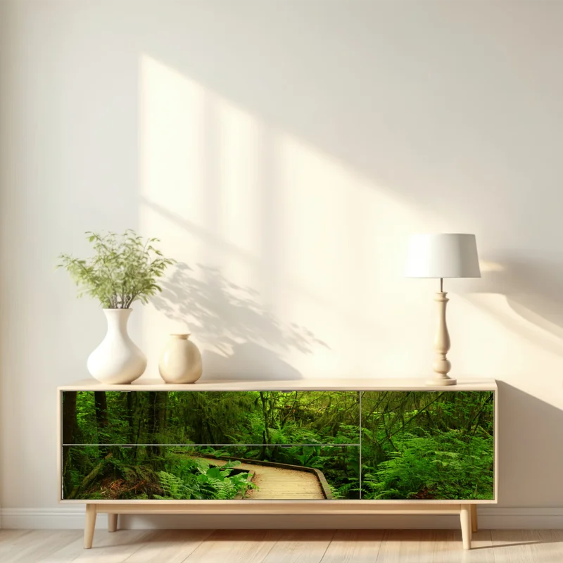 Repositionierbarer Aufkleber ruhiger grüner waldsteg Repositionierbarer Aufkleber ruhiger grüner waldsteg