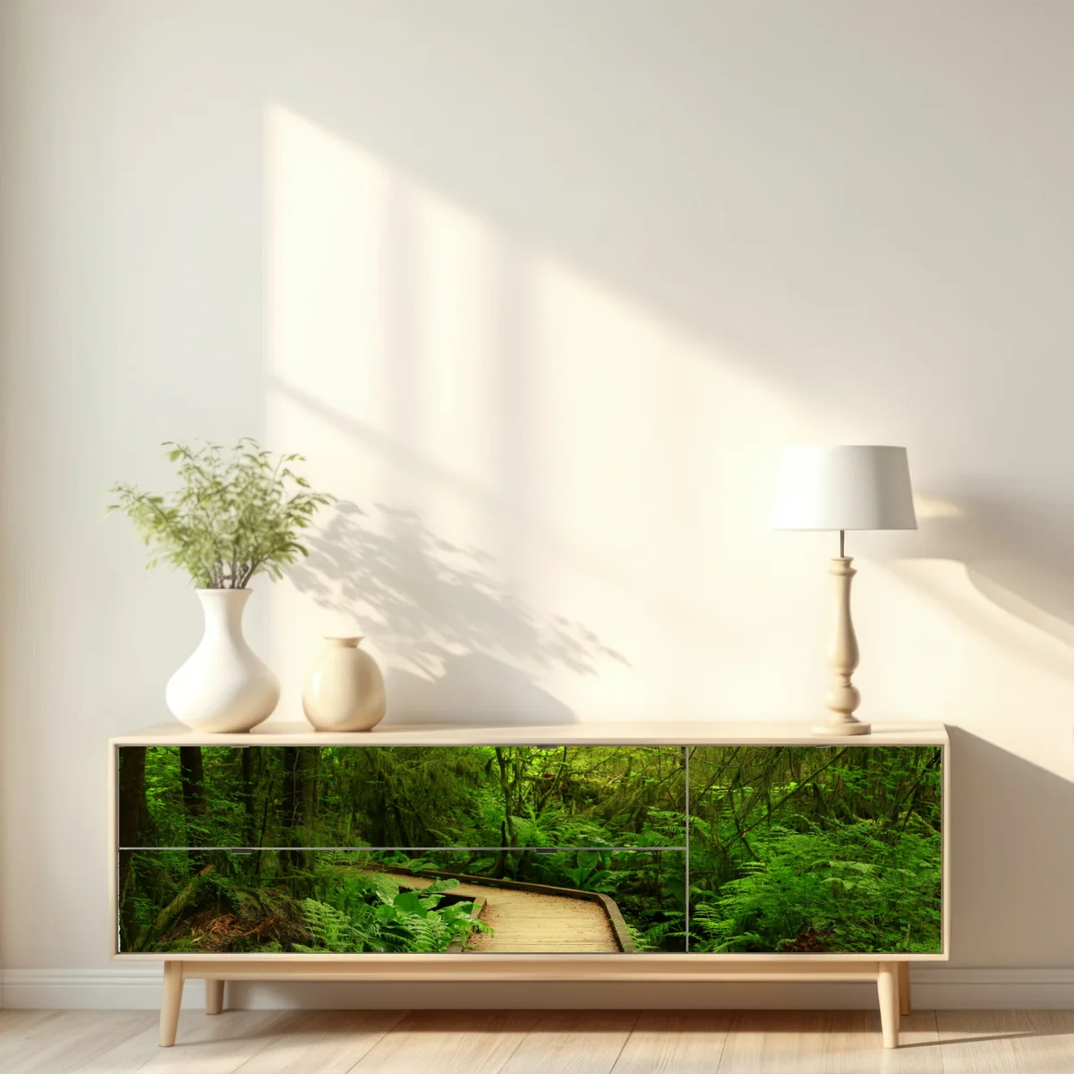 Repositionierbarer Aufkleber ruhiger grüner waldsteg Repositionierbarer Aufkleber ruhiger grüner waldsteg