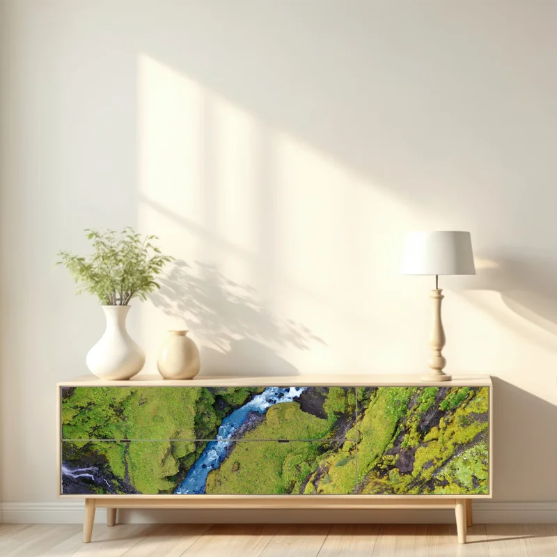 Repositionierbarer Aufkleber luftaufnahme: fluss in moosbedeckter schlucht