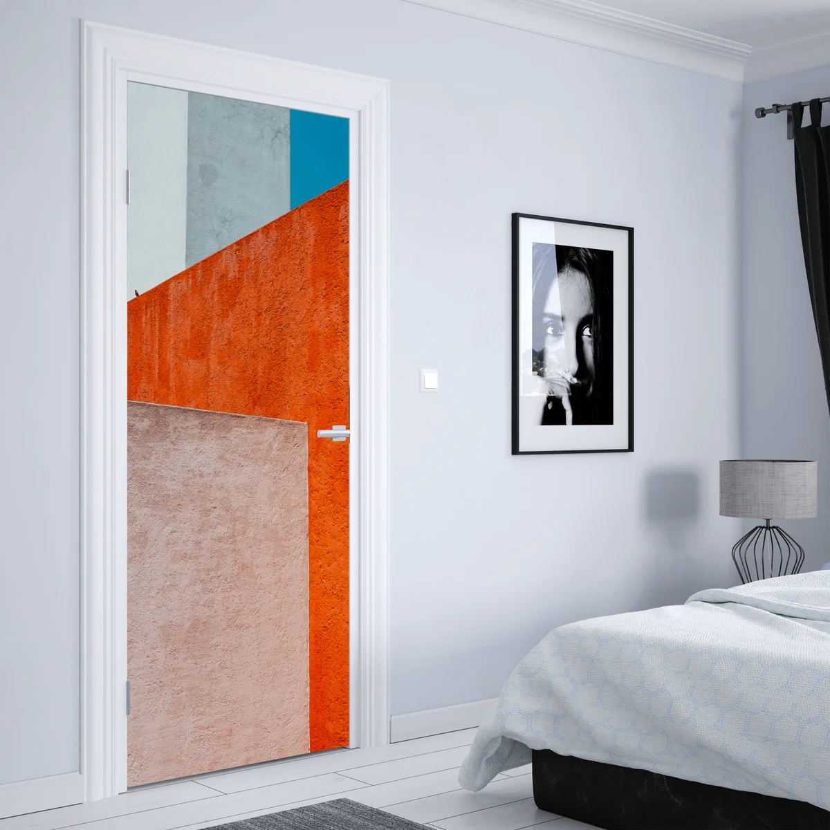 Türaufkleber mutige geometrische fassade in orange und türkis Türaufkleber mutige geometrische fassade in orange und türkis