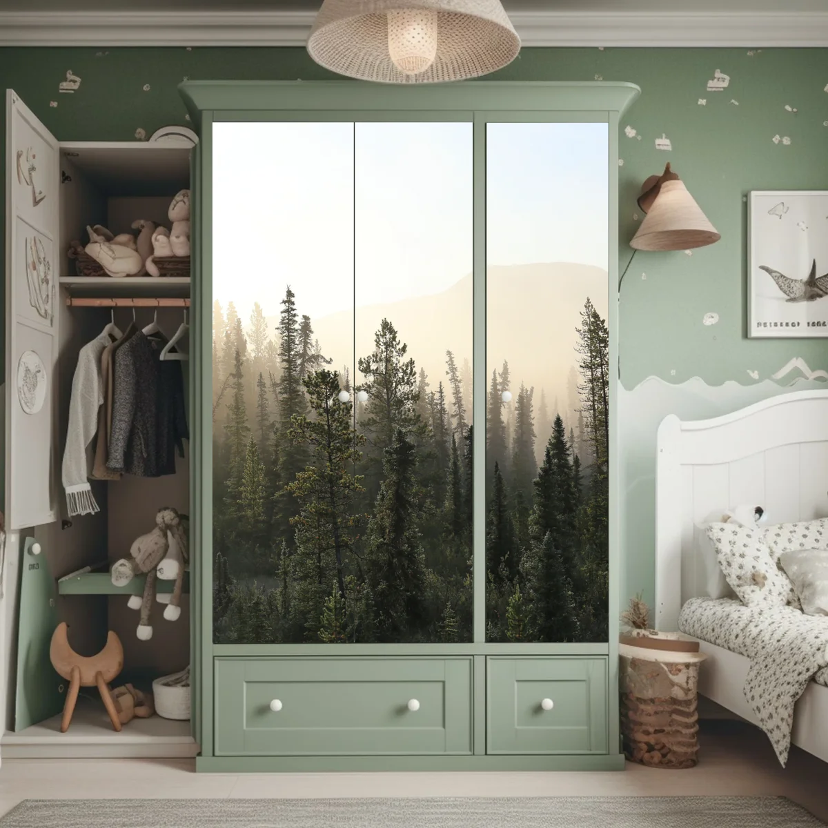 Schrankaufkleber nebliger kiefernwald bei sonnenaufgang Schrankaufkleber nebliger kiefernwald bei sonnenaufgang