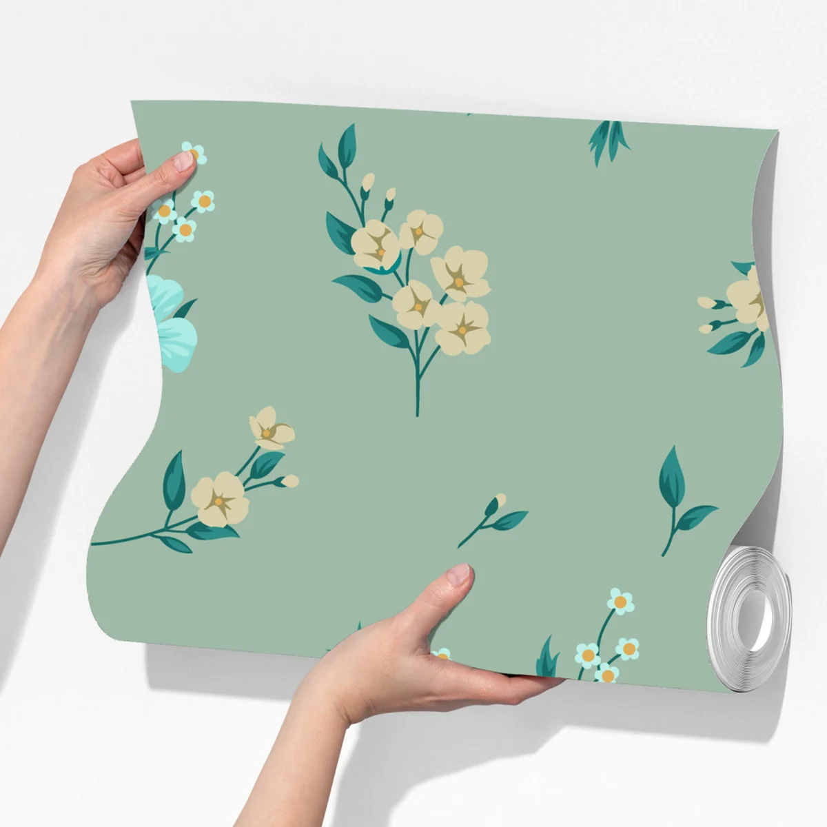 Fototapete pastell türkis blumenmuster auf salbeigrünem hintergrund Fototapete pastell türkis blumenmuster auf salbeigrünem hintergrund