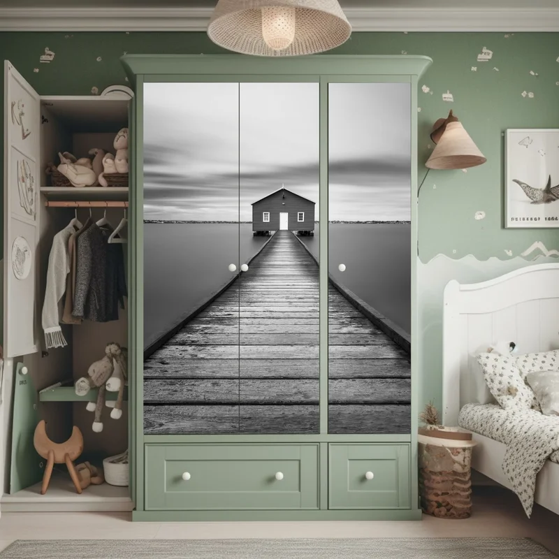 Schrankaufkleber einsames bootshaus am ruhigen steg Schrankaufkleber einsames bootshaus am ruhigen steg