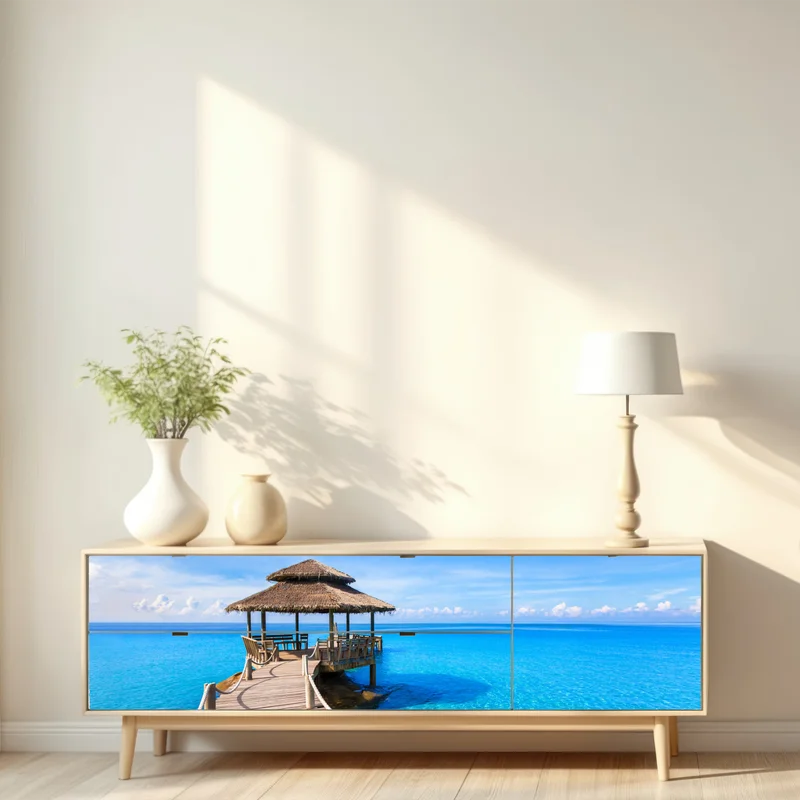 Repositionierbarer Aufkleber tropischer steg über türkisfarbenem meer