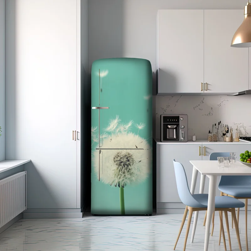 Kühlschrankaufkleber drei löwenzahn-pusteblumen auf türkisgrund