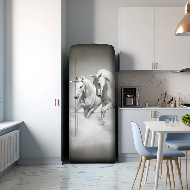 Kühlschrankaufkleber drei weiße pferde im galopp durch wasser Kühlschrankaufkleber drei weiße pferde im galopp durch wasser