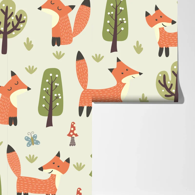 Fototapete verspieltes waldmuster mit füchsen Fototapete verspieltes waldmuster mit füchsen