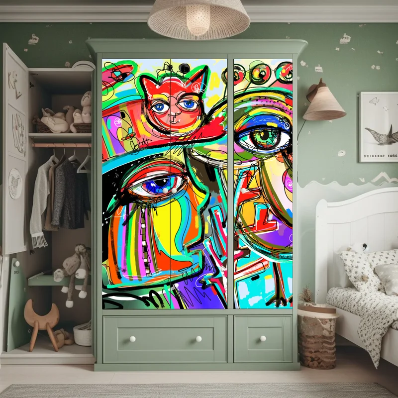 Schrankaufkleber lebendige abstrakte gesichter mit katze und vogel