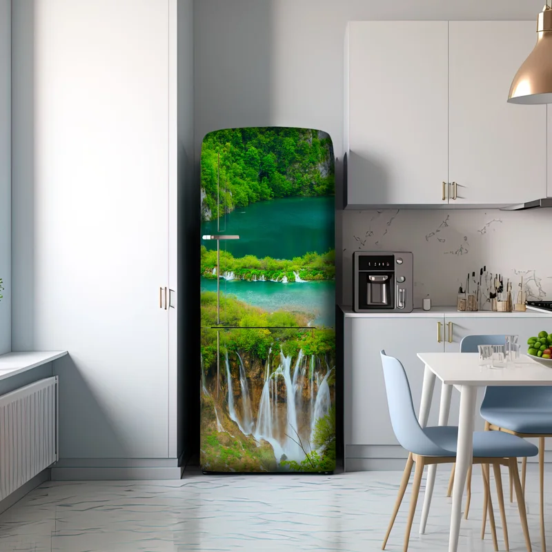 Kühlschrankaufkleber üppiger wasserfall und türkise seen