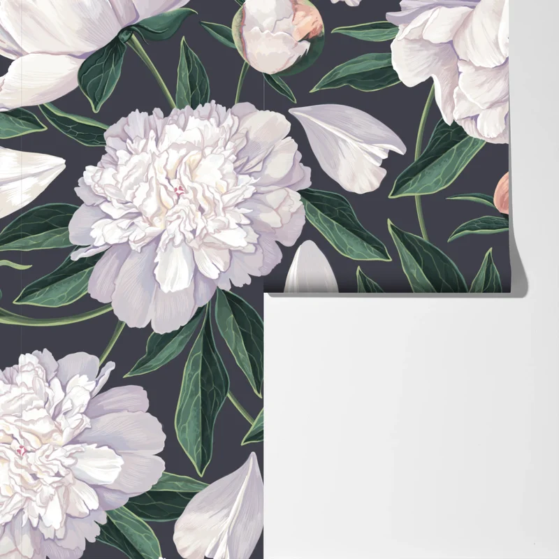 Fototapete weißes pfingstrosenmuster auf schiefergrauem hintergrund Fototapete weißes pfingstrosenmuster auf schiefergrauem hintergrund