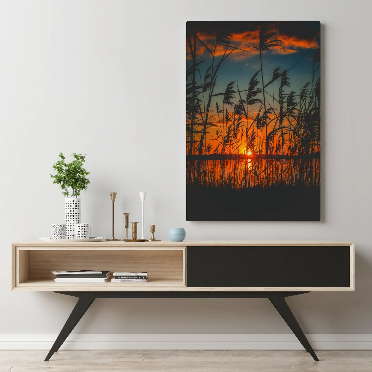 Leinwandbild sonnenuntergang am see mit schilf-silhouette Leinwandbild sonnenuntergang am see mit schilf-silhouette