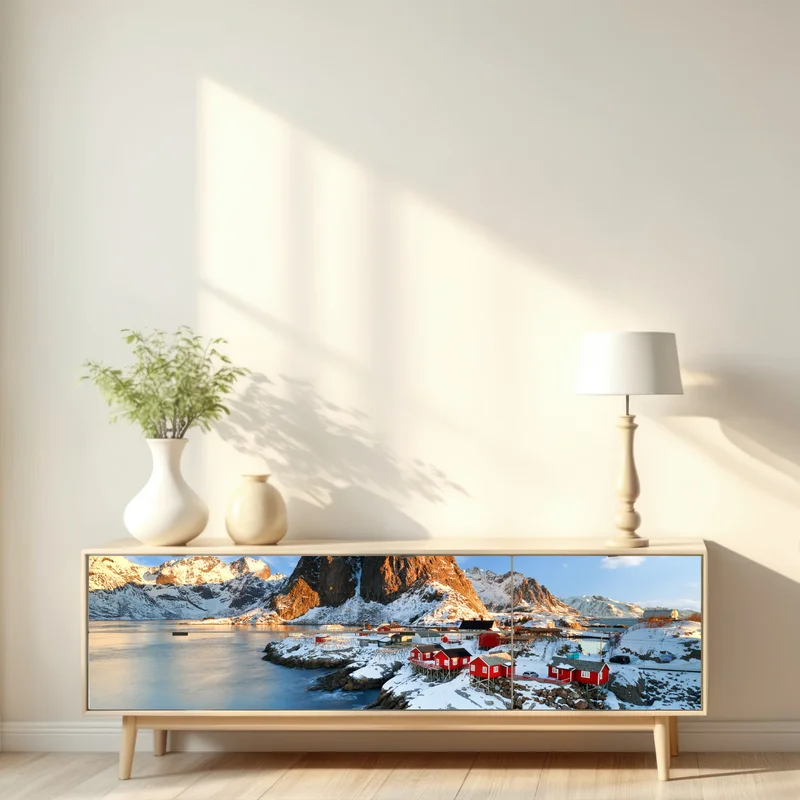 Repositionierbarer Aufkleber sonnenbeschienenes Hamnøy am fjord