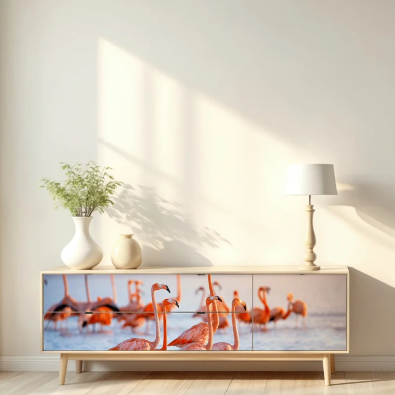 Repositionierbarer Aufkleber rosa flamingos bei sonnenuntergang