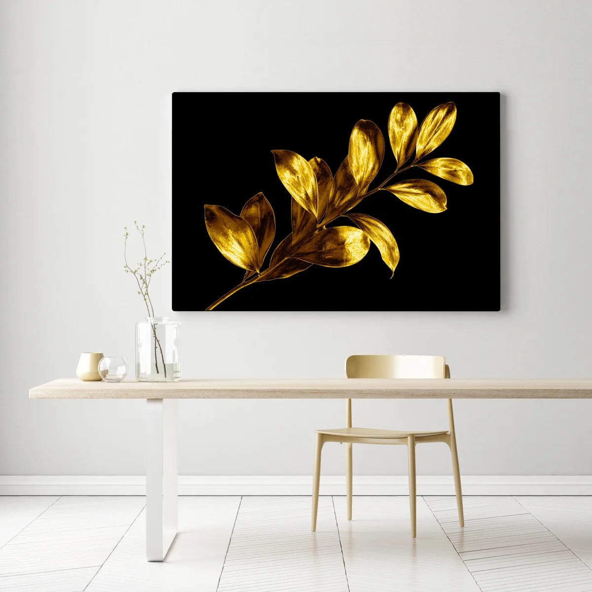 Leinwandbild goldener blattzweig auf schwarzem hintergrund Leinwandbild goldener blattzweig auf schwarzem hintergrund