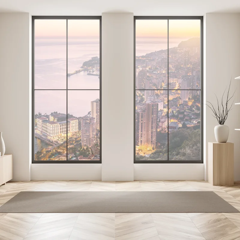 Fensteraufkleber sonnenuntergang über der städtischen küstenlinie