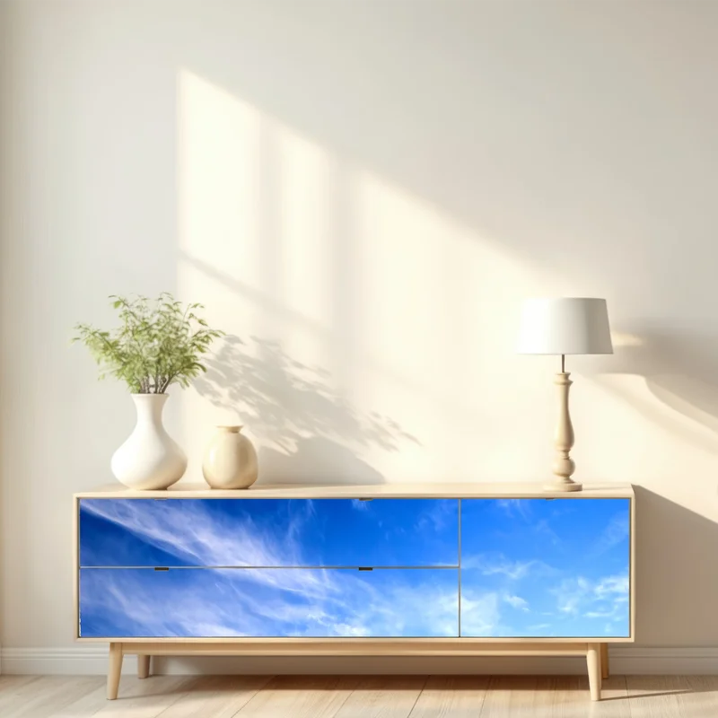 Repositionierbarer Aufkleber sonnige grüne wiese unter blauem himmel