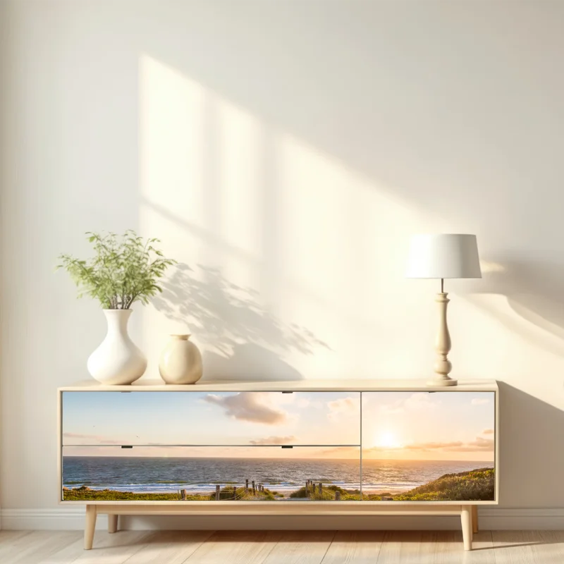 Repositionierbarer Aufkleber sonnenbeschienener strandweg zum meer