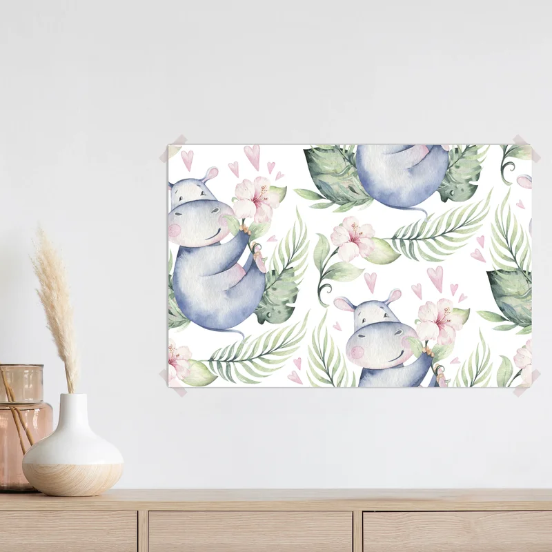 Poster verspielte aquarell-nilpferde für das kinderzimmer • Poster bei Wallnifity® Poster verspielte aquarell-nilpferde für das kinderzimmer • Poster bei Wallnifity®