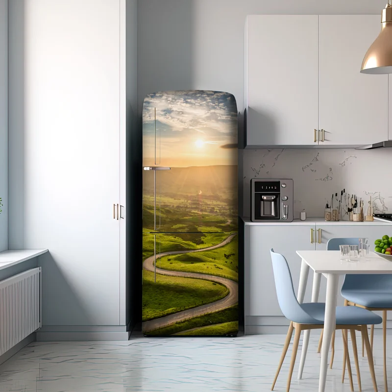 Kühlschrankaufkleber goldener sonnenuntergang über einer geschwungenen landstraße Kühlschrankaufkleber goldener sonnenuntergang über einer geschwungenen landstraße
