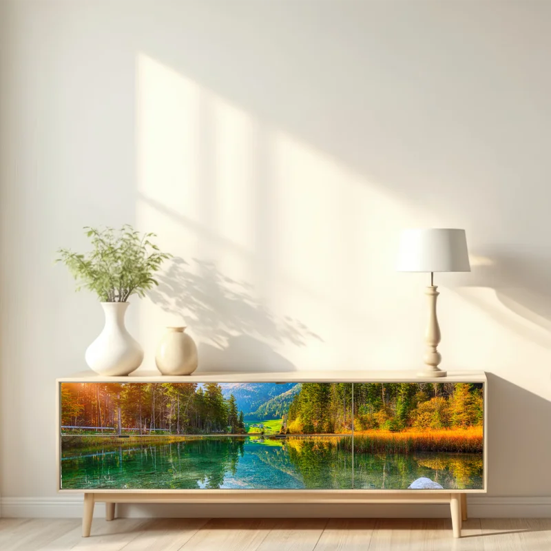 Repositionierbarer Aufkleber Hintersee herbstliche see- und bergspiegelung