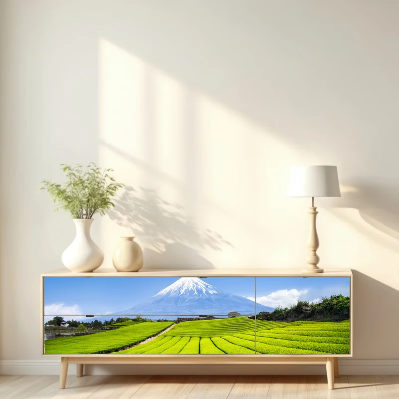 Repositionierbarer Aufkleber üppige teefelder am fuß von Mount Fuji