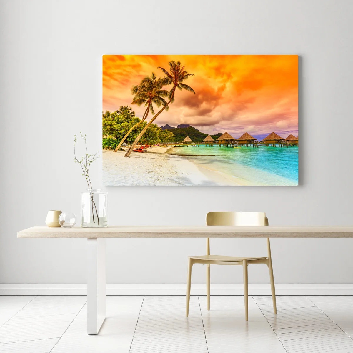 Leinwandbild sonnenuntergang in Bora Bora über wasserbungalows Leinwandbild sonnenuntergang in Bora Bora über wasserbungalows