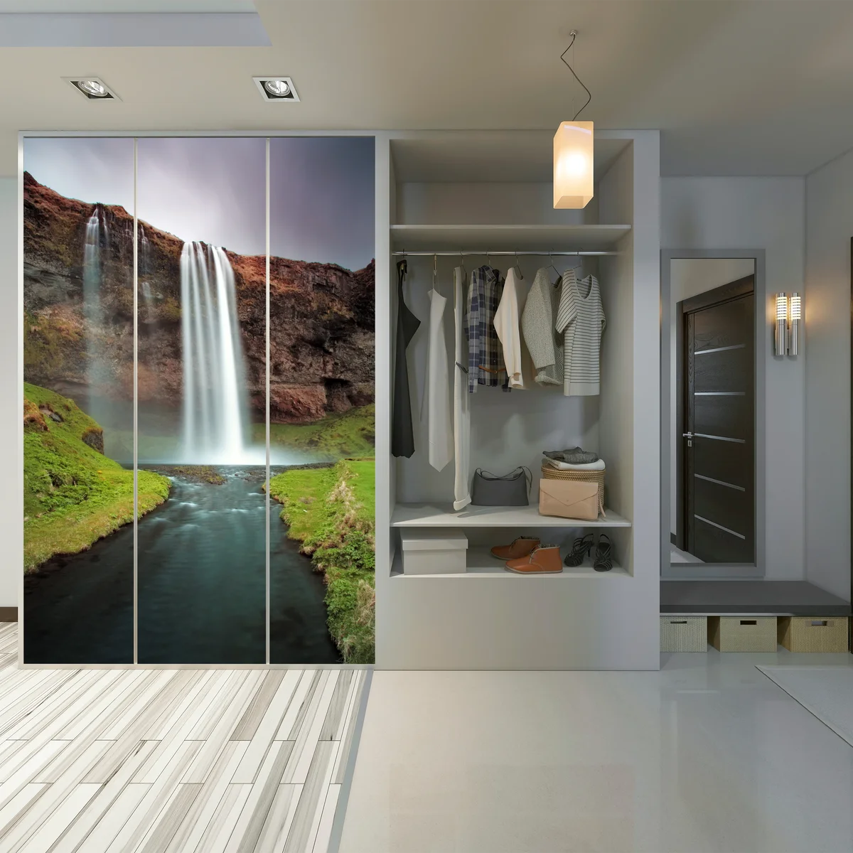 Schrankaufkleber nebeliger wasserfall im üppigen tal Schrankaufkleber nebeliger wasserfall im üppigen tal