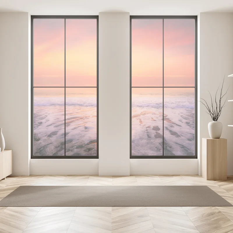 Fensteraufkleber goldener sonnenuntergang über ruhigem strand