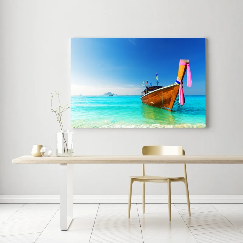 Leinwandbild langheckboot am türkisfarbenen strand, Andamanensee Leinwandbild langheckboot am türkisfarbenen strand, Andamanensee