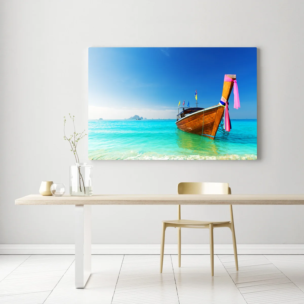 Leinwandbild langheckboot am türkisfarbenen strand, Andamanensee Leinwandbild langheckboot am türkisfarbenen strand, Andamanensee