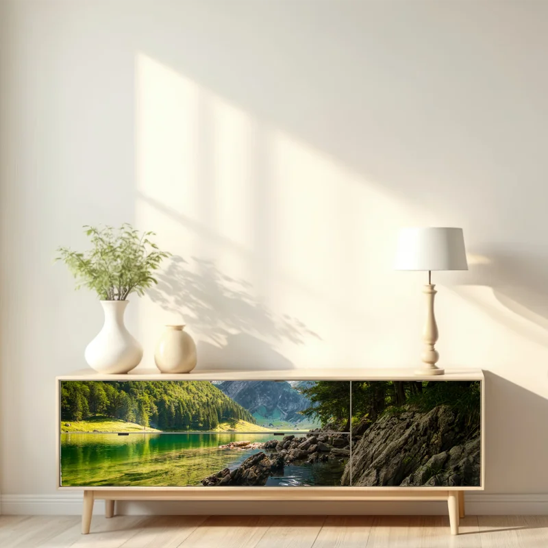 Repositionierbarer Aufkleber ruhiger bergsee mit spiegelungen im wald Repositionierbarer Aufkleber ruhiger bergsee mit spiegelungen im wald