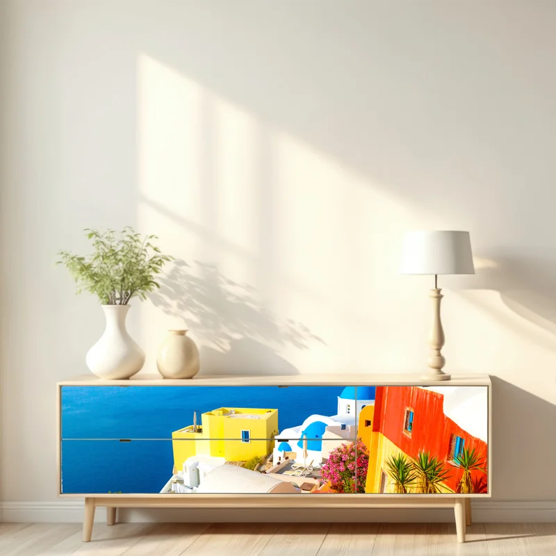 Repositionierbarer Aufkleber sonniges Santorini küstendorf Repositionierbarer Aufkleber sonniges Santorini küstendorf