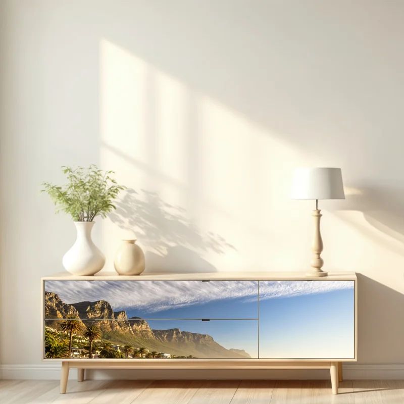 Repositionierbarer Aufkleber sonnenstrand mit bergkulisse