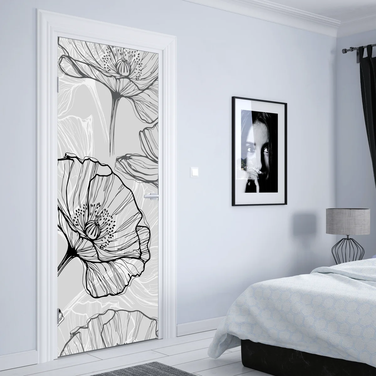 Türaufkleber zarter grauer mohn in linienzeichnung Türaufkleber zarter grauer mohn in linienzeichnung